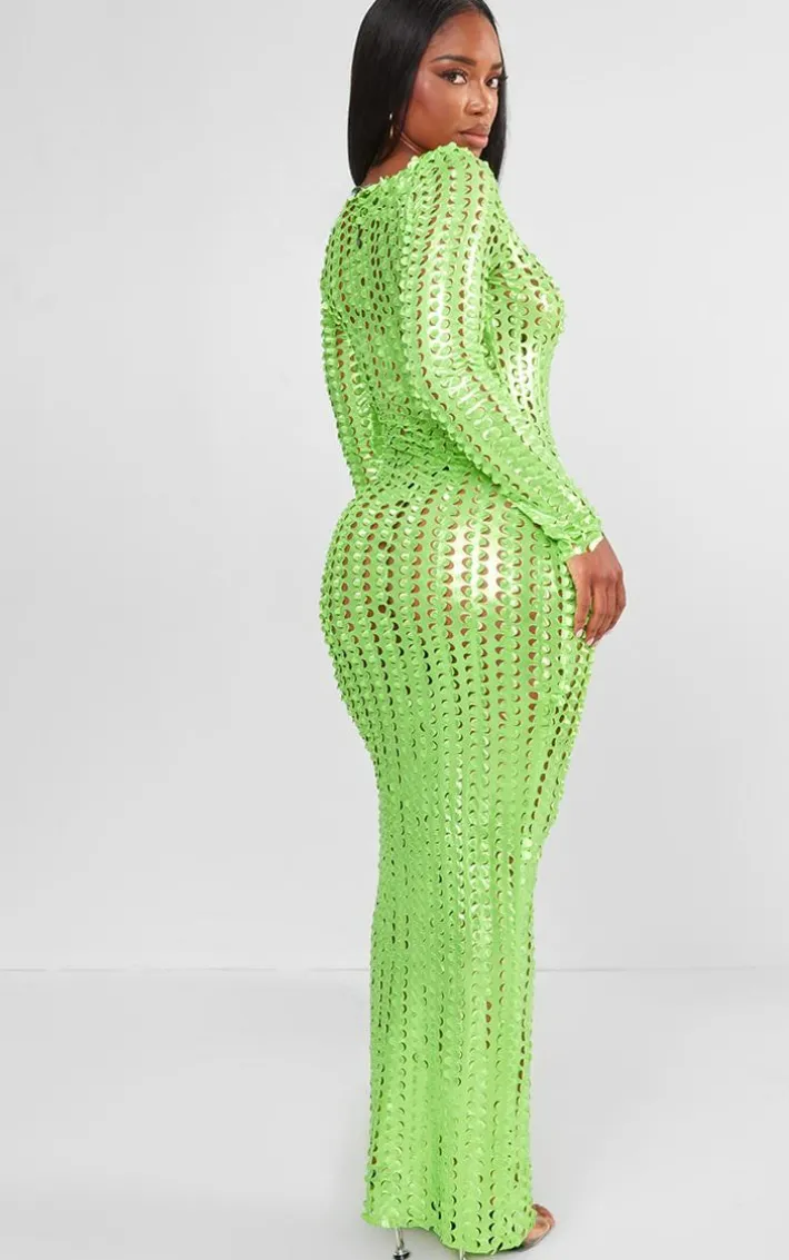 Shape Neon Green Textured Detail Long Sleeve Maxi Dress