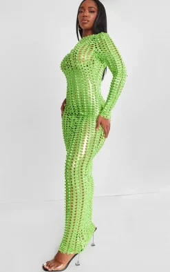 Shape Neon Green Textured Detail Long Sleeve Maxi Dress