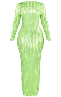 Shape Neon Green Textured Detail Long Sleeve Maxi Dress