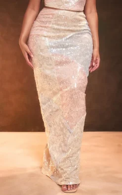 Shape Nude Ombre Sequin Split Back Maxi Skirt