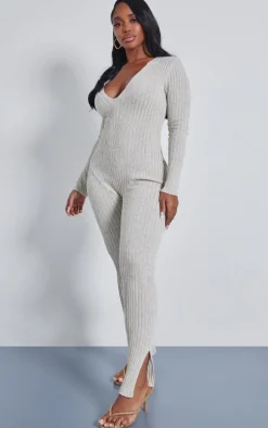 Shape Oatmeal Contrast Rib Knit Long Sleeve Plunge Jumpsuit