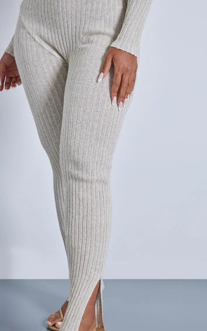 Shape Oatmeal Contrast Rib Knit Long Sleeve Plunge Jumpsuit