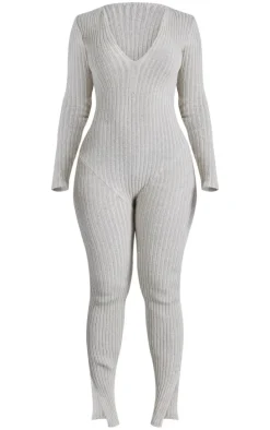 Shape Oatmeal Contrast Rib Knit Long Sleeve Plunge Jumpsuit