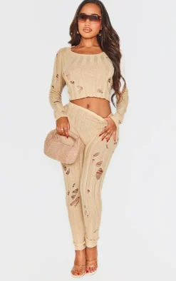 Shape Oatmeal Distress Ribbed Knitted Pants