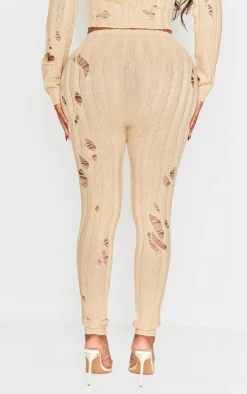 Shape Oatmeal Distress Ribbed Knitted Pants