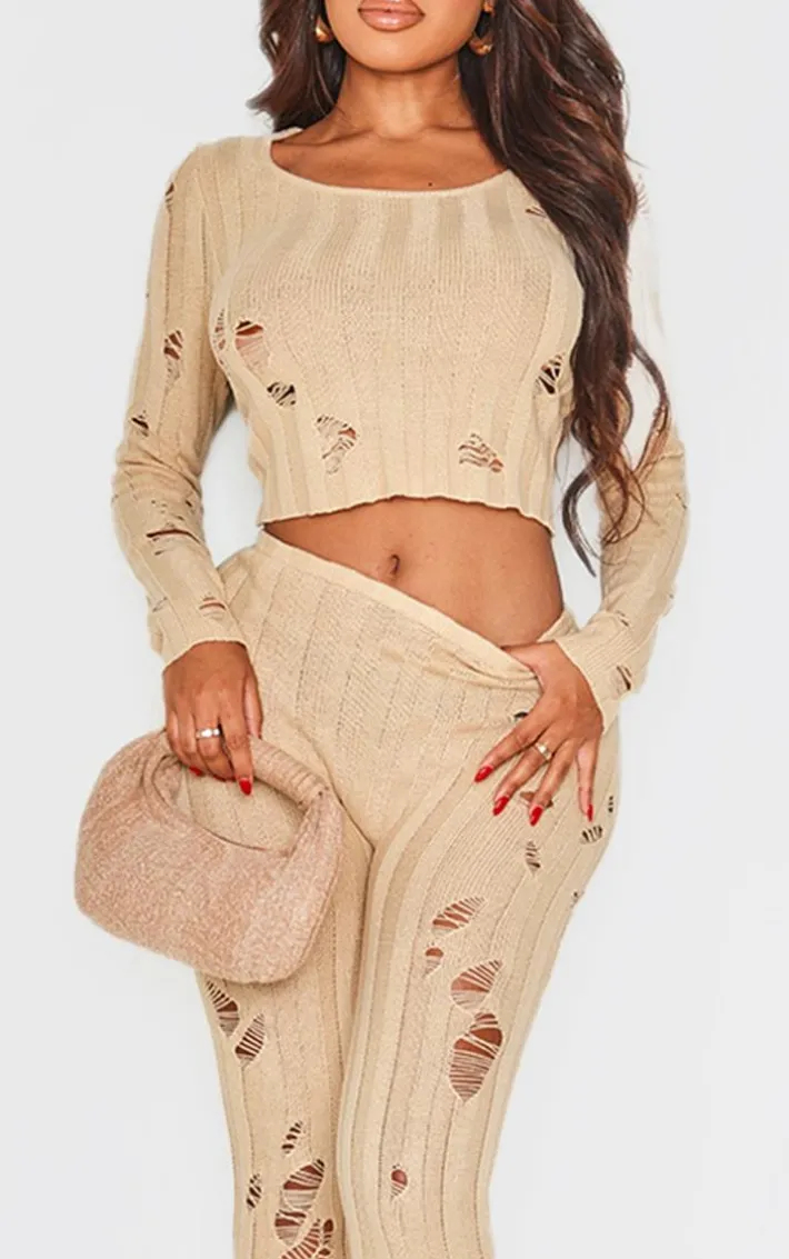 Shape Oatmeal Distress Ribbed Knitted Pants