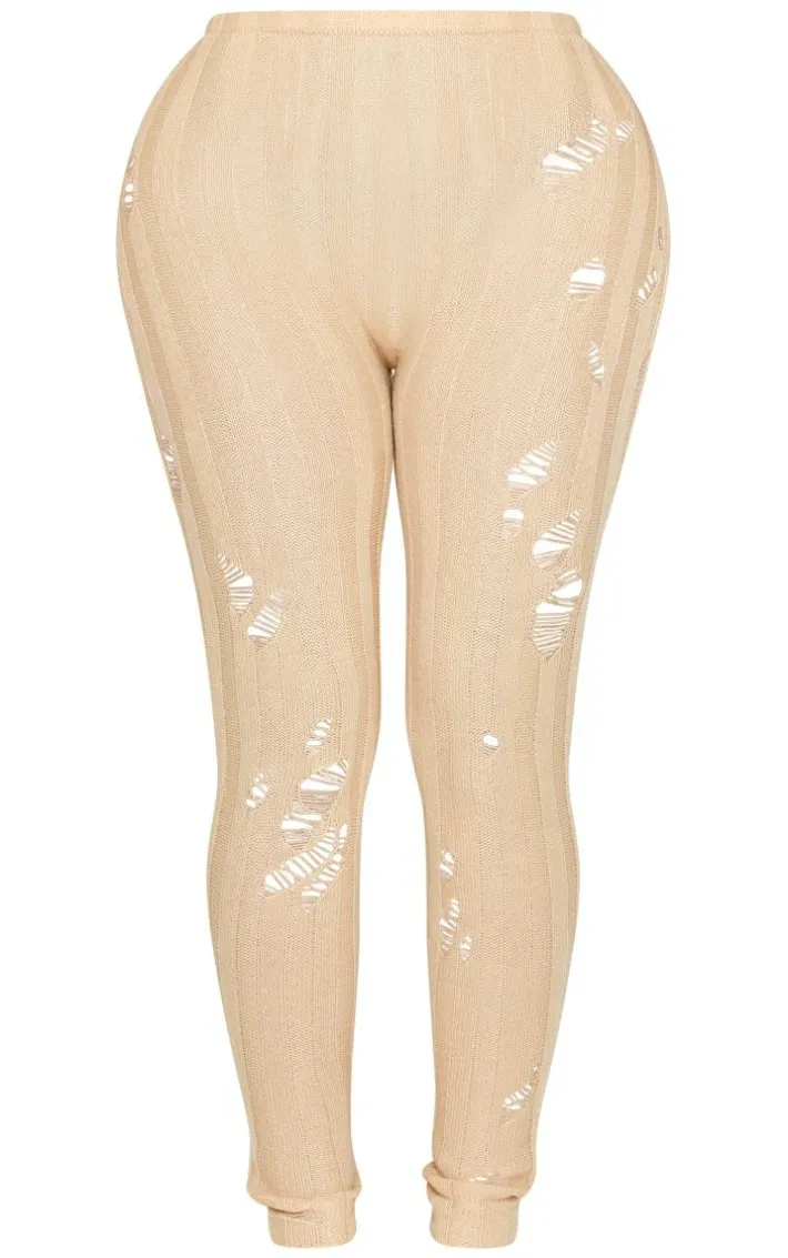 Shape Oatmeal Distress Ribbed Knitted Pants