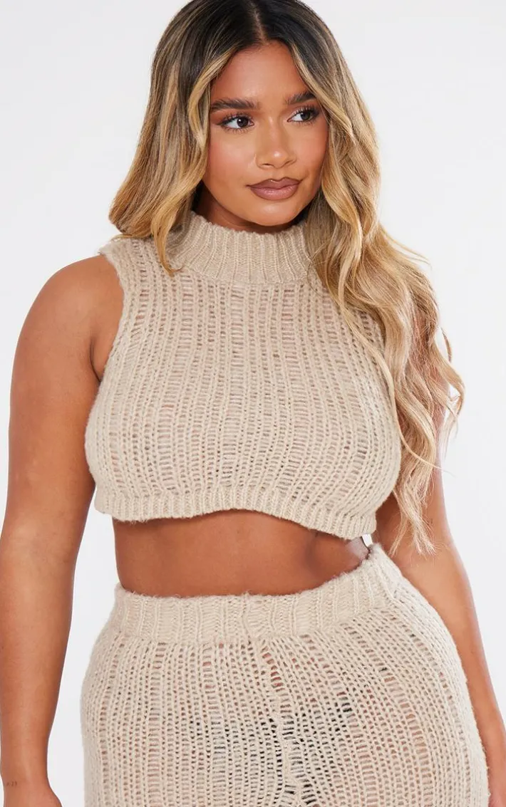 Shape Oatmeal Knit High Neck Longline Sleeveless Top