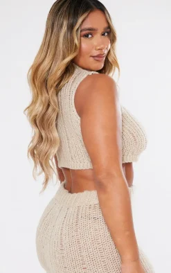 Shape Oatmeal Knit High Neck Longline Sleeveless Top