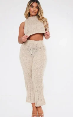 Shape Oatmeal Knit High Neck Longline Sleeveless Top