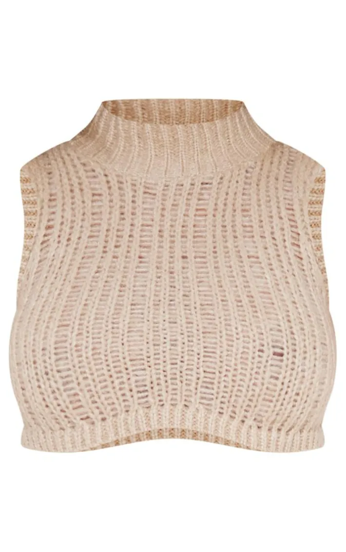 Shape Oatmeal Knit High Neck Longline Sleeveless Top