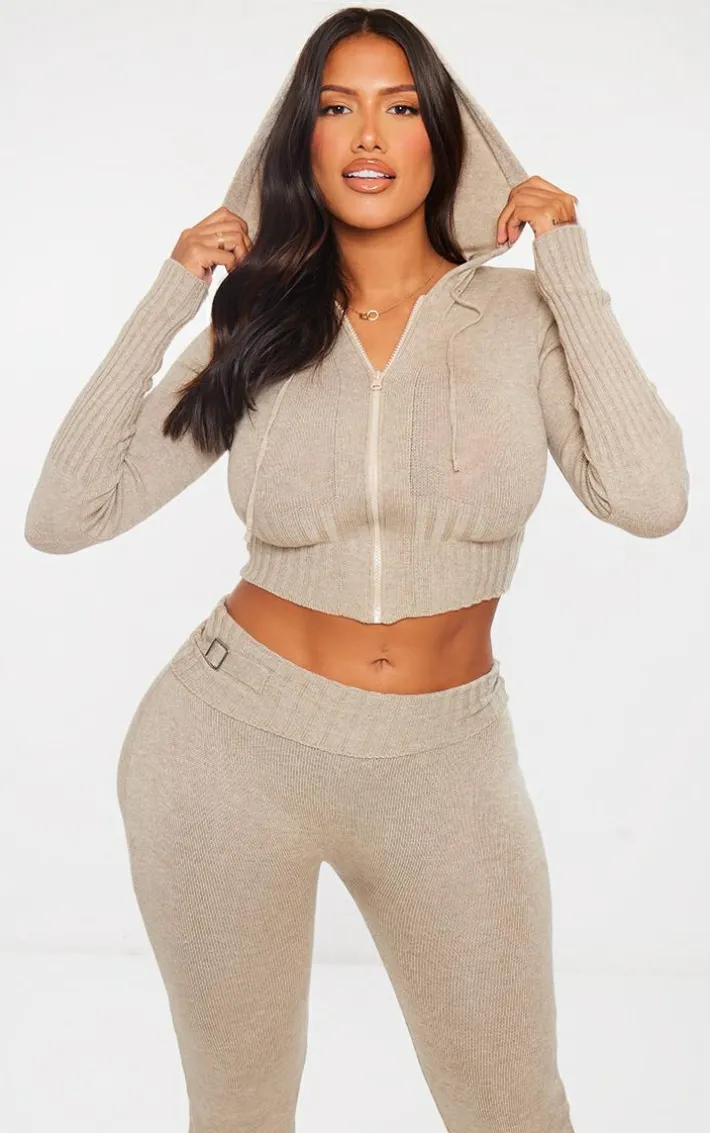 Shape Oatmeal Knit Hooded Zip Front Sweater