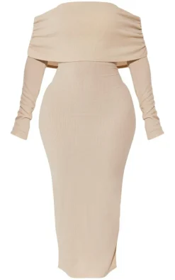 Shape Oatmeal Rib Bardot Long Sleeve Maxi Dress