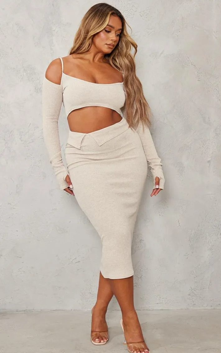 Shape Oatmeal Rib Fold Waist Midaxi Skirt