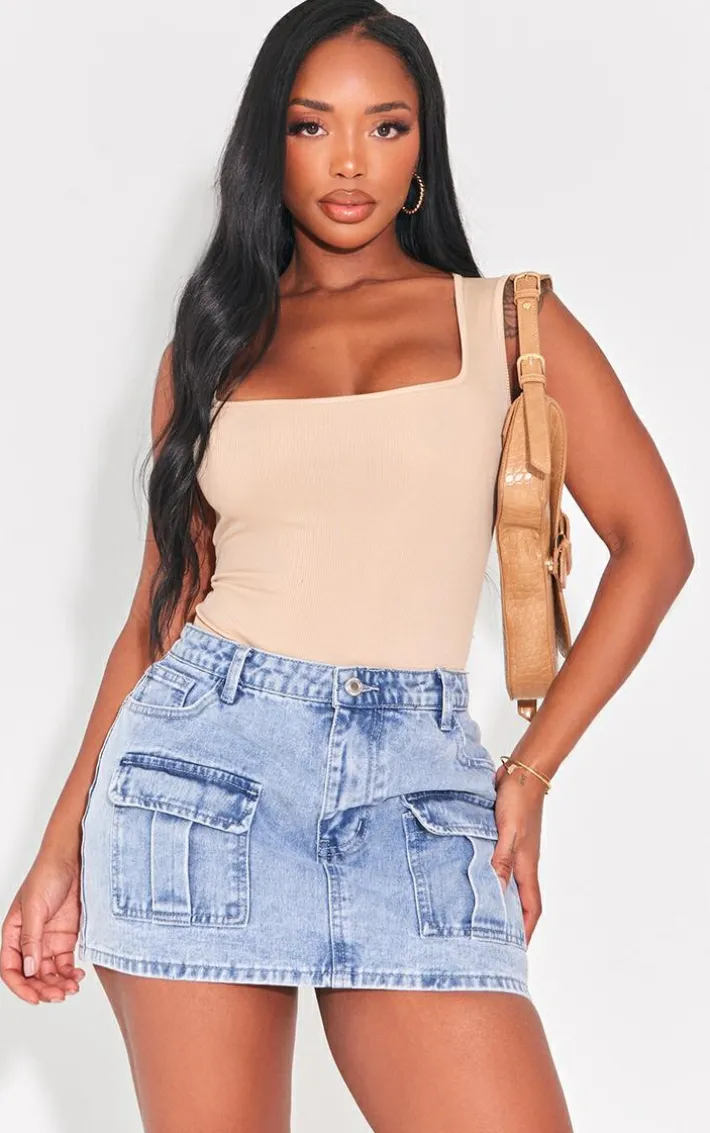 Shape Oatmeal Ribbed Square Neck Sleeveless Bodysuit