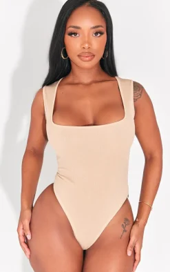Shape Oatmeal Ribbed Square Neck Sleeveless Bodysuit