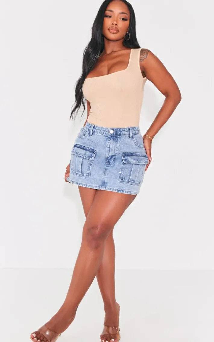 Shape Oatmeal Ribbed Square Neck Sleeveless Bodysuit