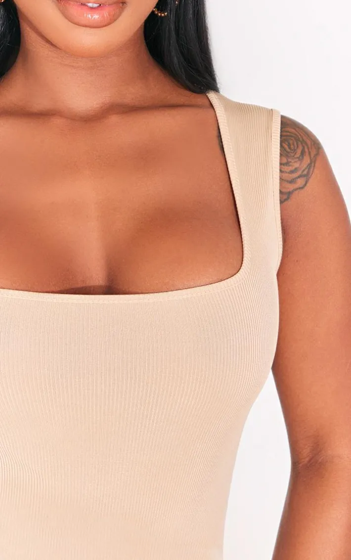 Shape Oatmeal Ribbed Square Neck Sleeveless Bodysuit
