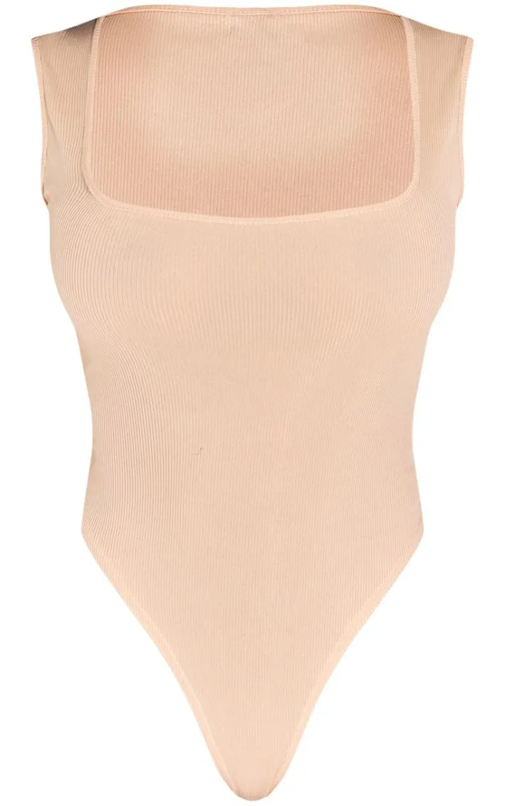 Shape Oatmeal Ribbed Square Neck Sleeveless Bodysuit
