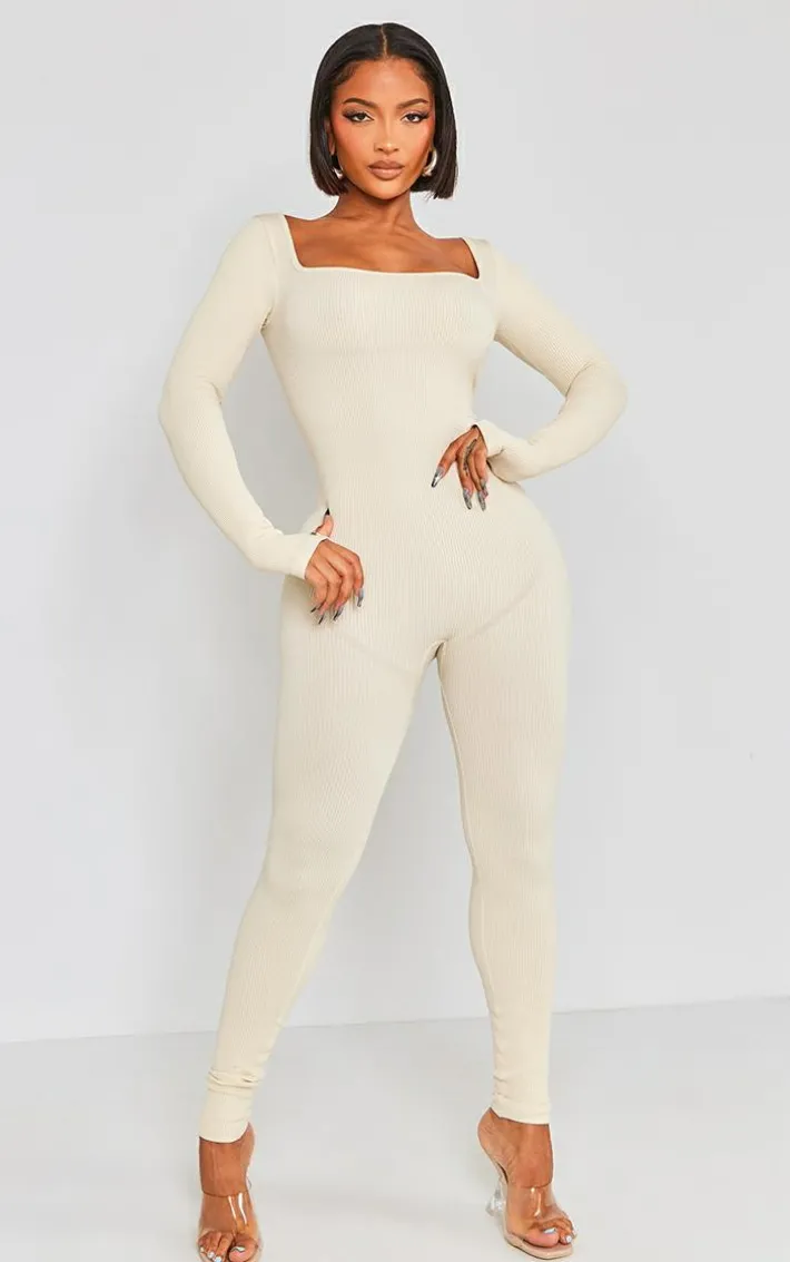 Shape Oatmeal Snatched Rib Square Neck Thumb Hole Jumpsuit