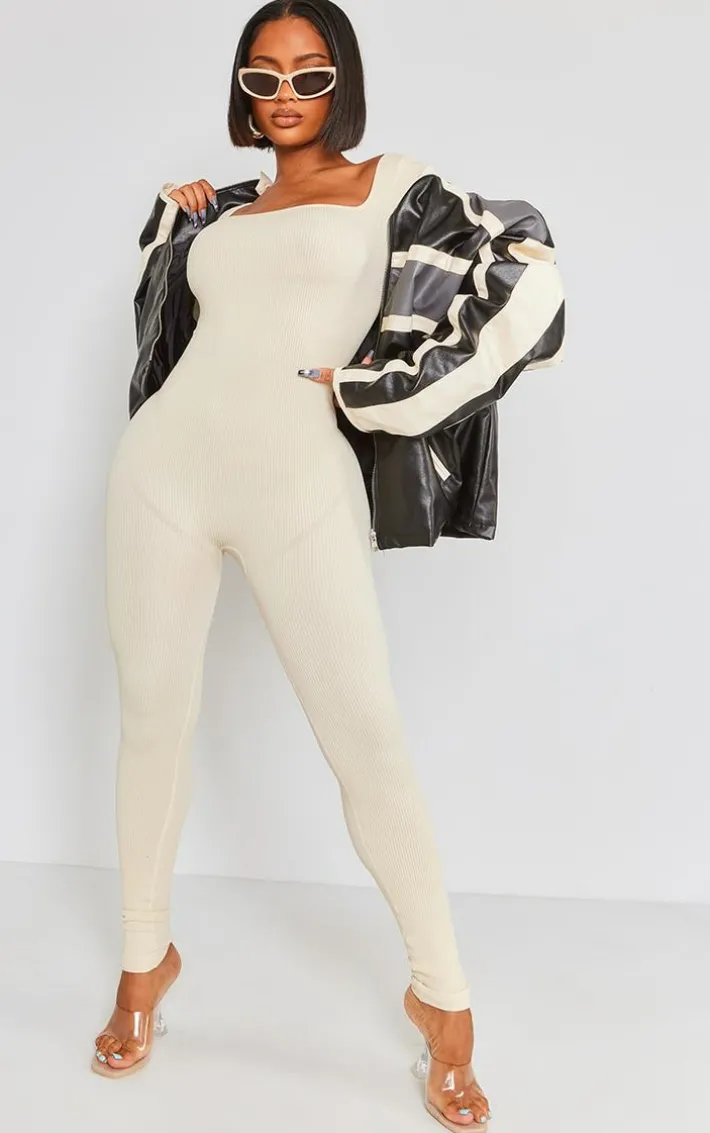 Shape Oatmeal Snatched Rib Square Neck Thumb Hole Jumpsuit