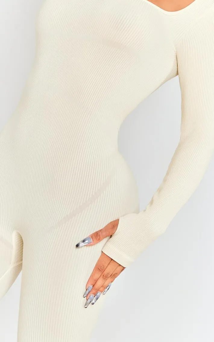 Shape Oatmeal Snatched Rib Square Neck Thumb Hole Jumpsuit