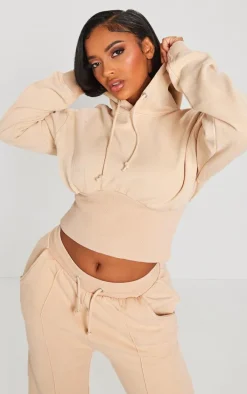 Shape Oatmeal Sweat Cropped Shirred Waist Hoodie