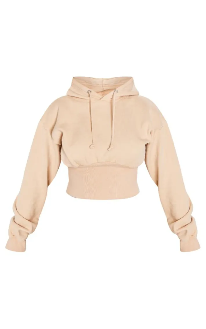 Shape Oatmeal Sweat Cropped Shirred Waist Hoodie