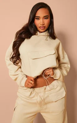 Shape Oatmeal Toggle Waist Pocket Front Cropped Hoodie