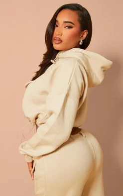 Shape Oatmeal Toggle Waist Pocket Front Cropped Hoodie