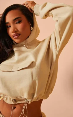 Shape Oatmeal Toggle Waist Pocket Front Cropped Hoodie