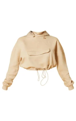 Shape Oatmeal Toggle Waist Pocket Front Cropped Hoodie