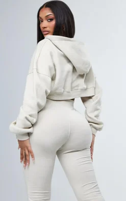 Shape Oatmeal Zip Front Long Sleeve Cropped Hoodie