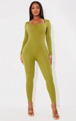 Shape Olive Contour Jersey Ruched Bust Long Sleeve Jumpsuit