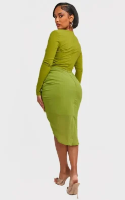 Shape Olive Corset Detail Long Sleeve Ruched Midi Dress