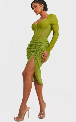 Shape Olive Corset Detail Long Sleeve Ruched Midi Dress