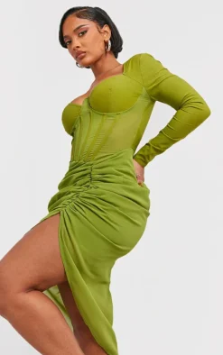 Shape Olive Corset Detail Long Sleeve Ruched Midi Dress