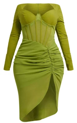 Shape Olive Corset Detail Long Sleeve Ruched Midi Dress