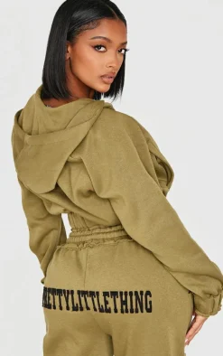 Shape Olive Distressed Elasticated Waistband Cropped Hoodie