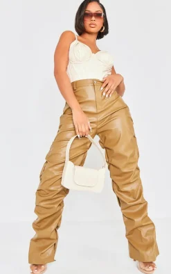 Shape Olive Faux Leather Ruched Detail Straight Leg Pants