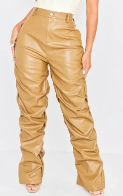 Shape Olive Faux Leather Ruched Detail Straight Leg Pants