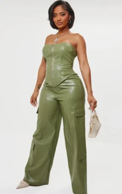 Shape Olive Faux Leather Zip Front Corset