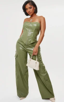 Shape Olive Faux Leather Straight Leg Cargo Pants