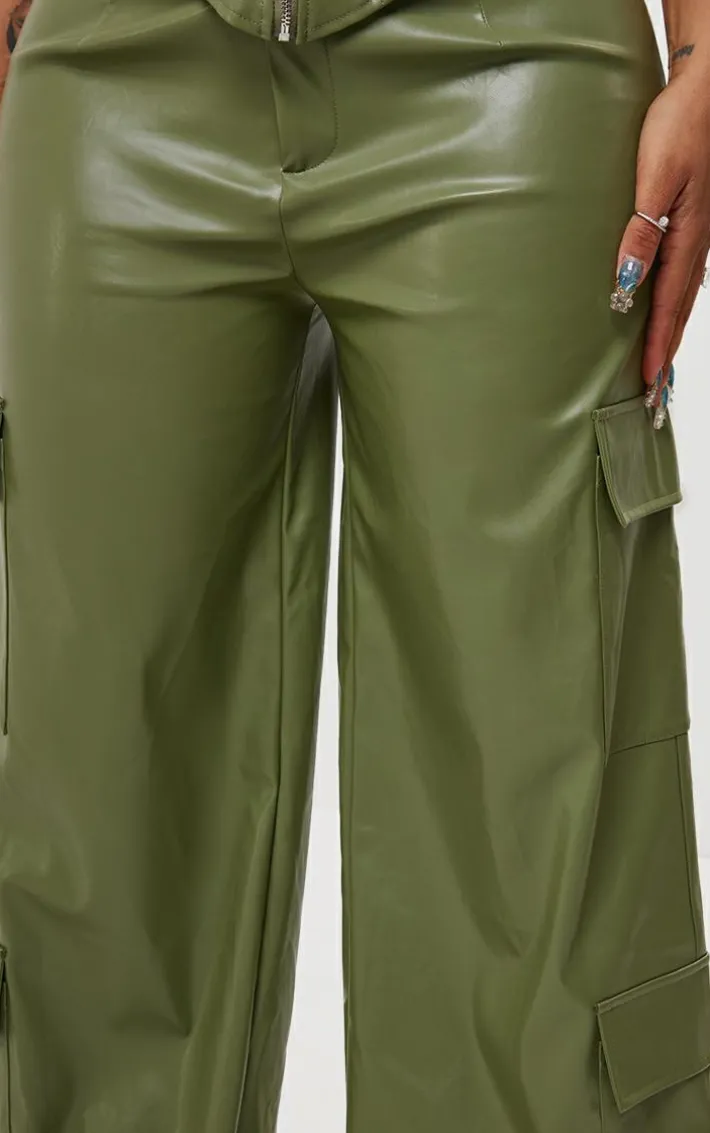 Shape Olive Faux Leather Straight Leg Cargo Pants