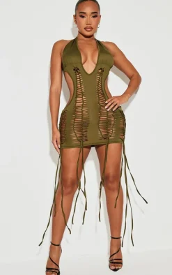Shape Olive Halterneck Distressed Bodycon Dress