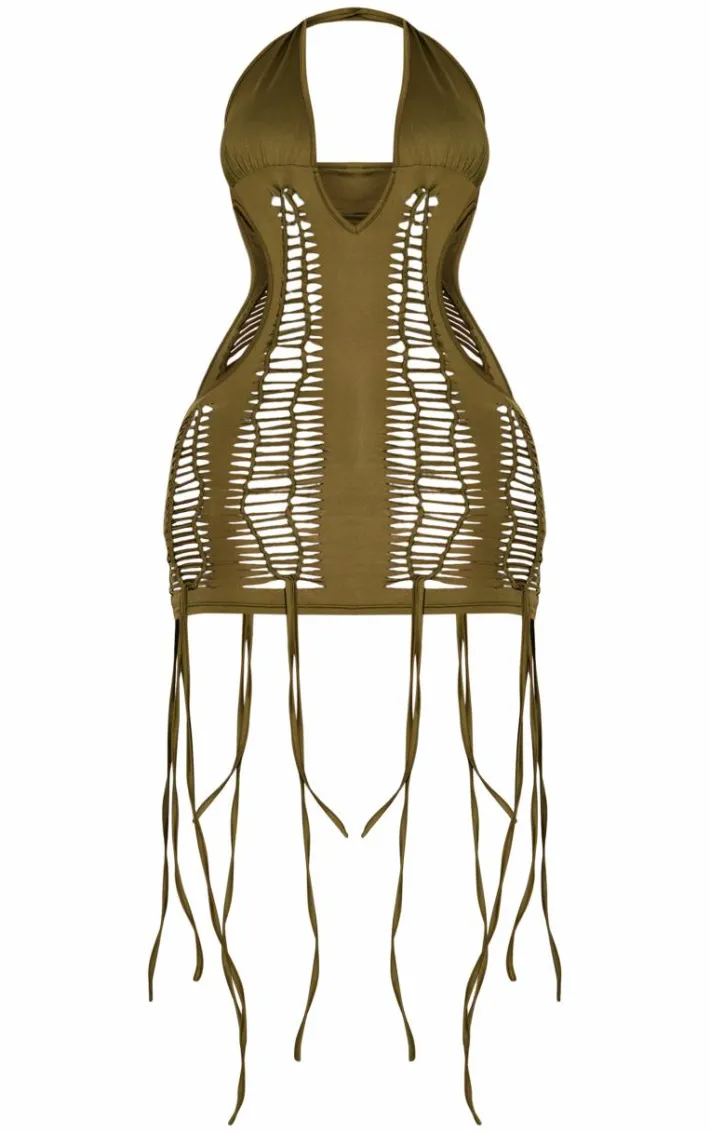 Shape Olive Halterneck Distressed Bodycon Dress