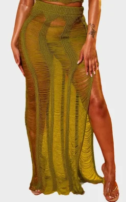 Shape Olive Knit Ladder Maxi Skirt