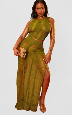 Shape Olive Knit Ladder Racer Neck Longline Top