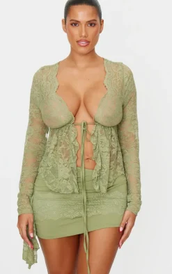 Shape Olive Lace Tie Split Front Long Sleeve Top