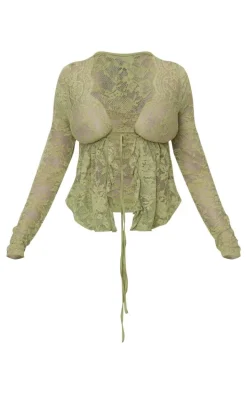 Shape Olive Lace Tie Split Front Long Sleeve Top